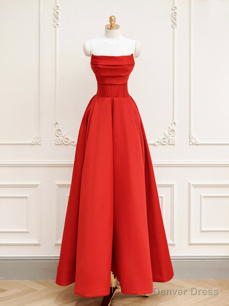 Red A Line Satin Long Prom Dress, Red Long Prom Dresses