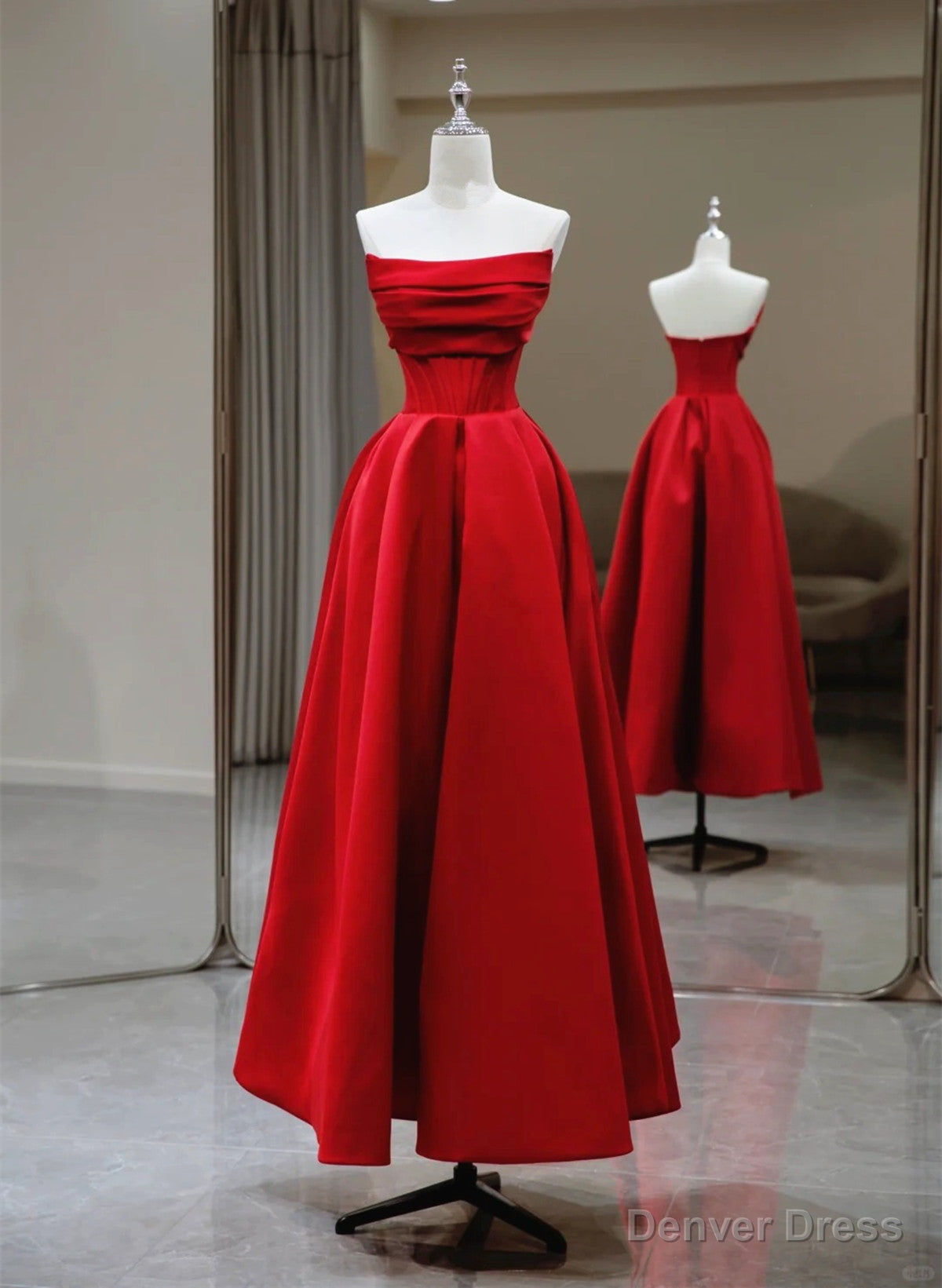 Red A-line Satin Scoop Long Prom Dress Party Dress, Red Satin Formal Dress Main image