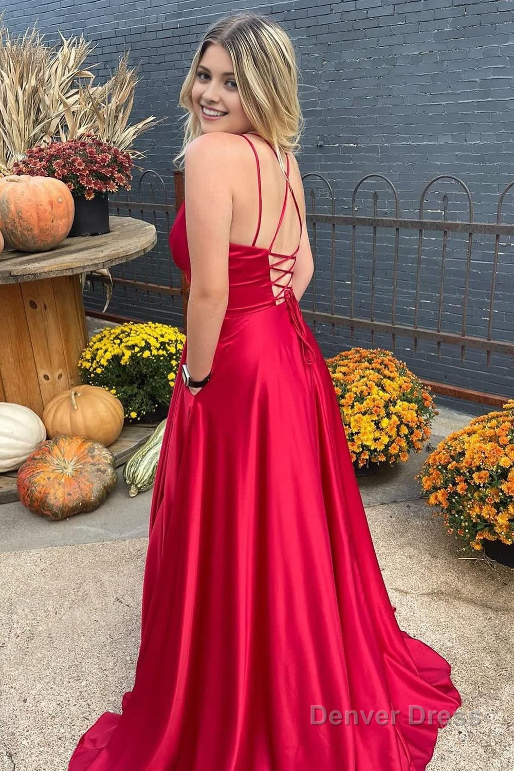 Red A Line Satin Spaghetti Straps Prom Dresses with Slit