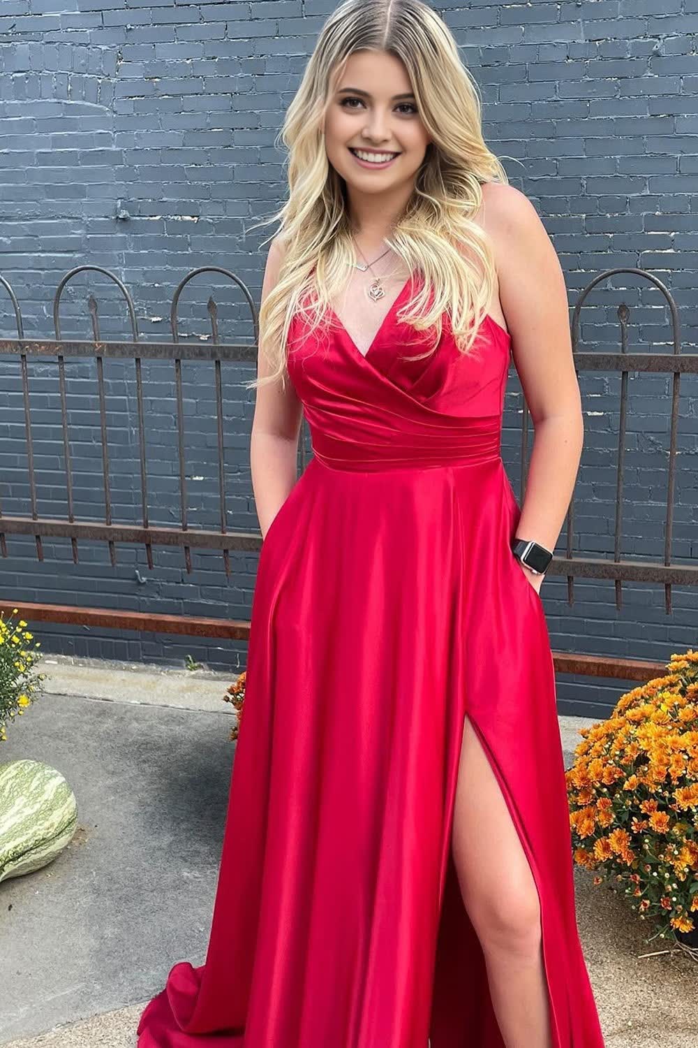 red a line satin spaghetti straps prom dress with slit