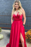 Red A Line Satin Spaghetti Straps Prom Dresses with Slit
