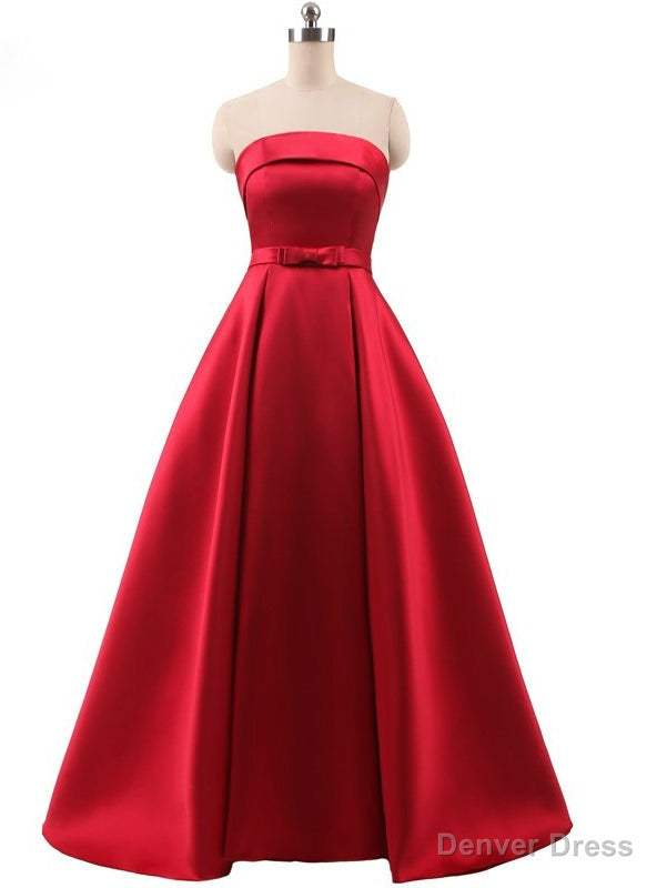 Red A Line Satin Strapless Prom Dresses With Bow Main image