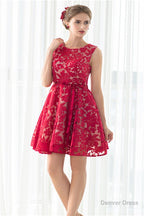Red A Line Sleeveless Short Lace Homecoming Dresses