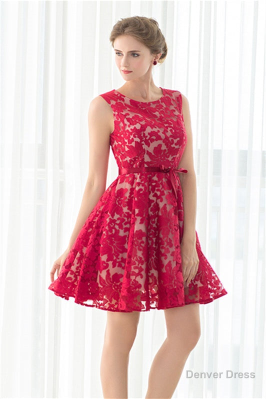 Red A Line Sleeveless Short Lace Homecoming Dresses