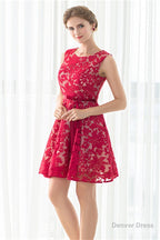 Red A Line Sleeveless Short Lace Homecoming Dresses