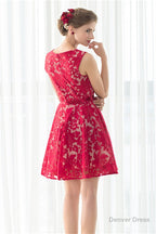 Red A Line Sleeveless Short Lace Homecoming Dresses