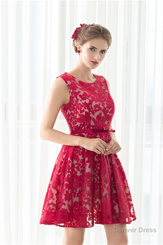 Red A Line Sleeveless Short Lace Homecoming Dresses