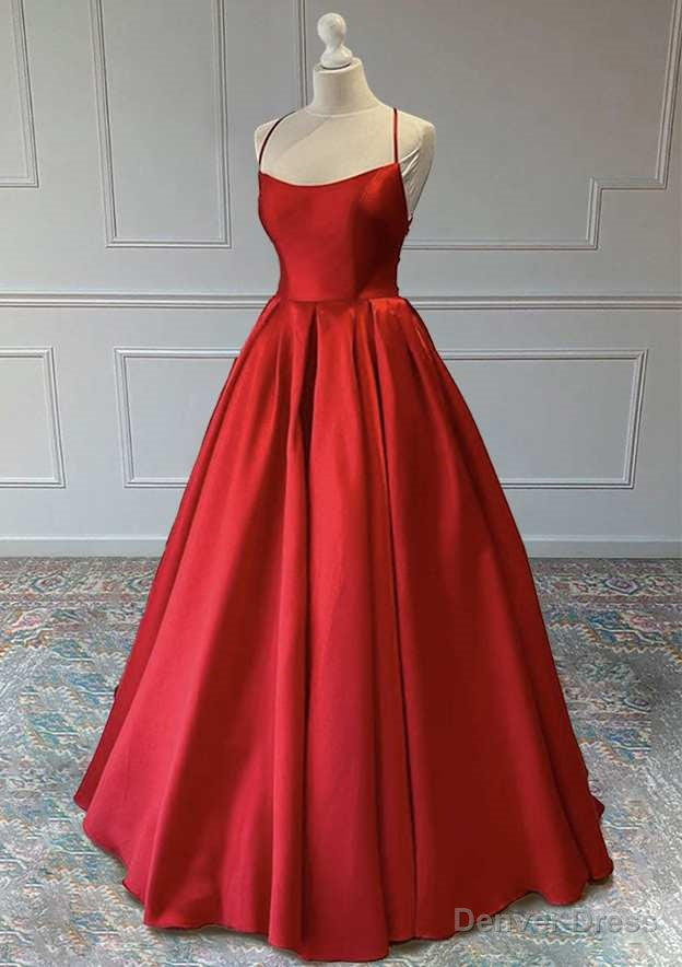 Red A Line Sleeveless Square Neckline Satin Prom Dresses