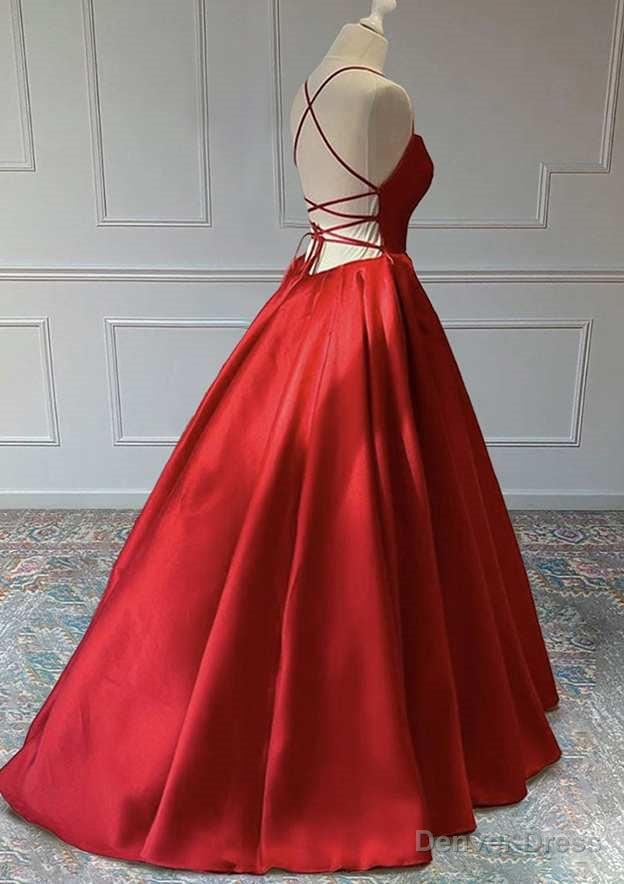 Red A Line Sleeveless Square Neckline Satin Prom Dresses