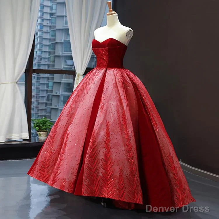 Red A Line Strapless Appliques Sequin Tulle Prom Dresses Secondary image