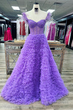 Red A Line Sweetheart Tiered Tulle Long Prom Dresses With Slit