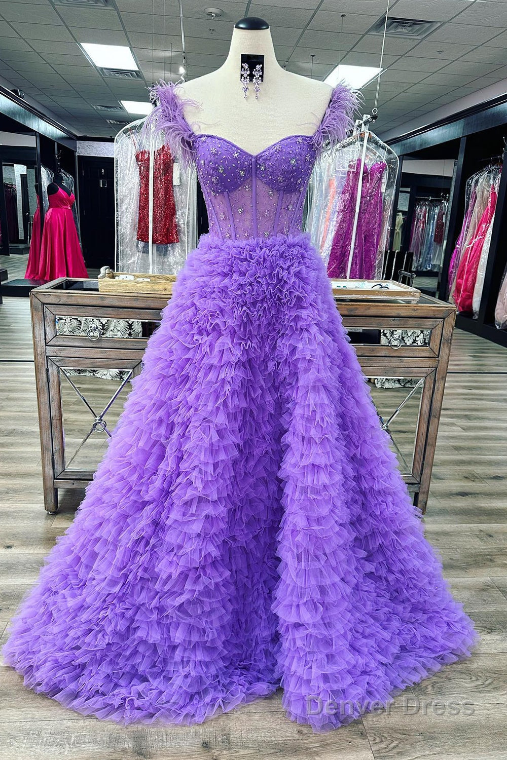 Red A Line Sweetheart Tiered Tulle Long Prom Dresses With Slit