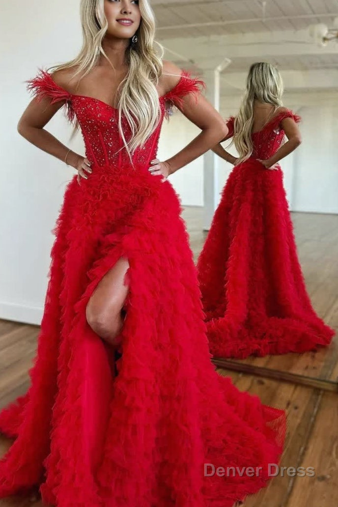 Red A Line Sweetheart Tiered Tulle Long Prom Dresses With Slit Main image