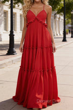 Red A-line V Neck Sleeveless Floor-Length Chiffon Prom Dress Long Prom Dresses Backless with Pleated Ruffles