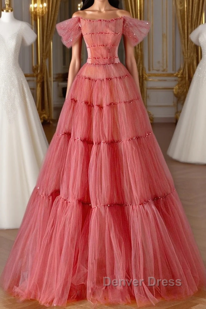 Red Aline Tulle Long Prom Dress, Red Tulle Prom Graduation Dresses With Beading Sequin Main image