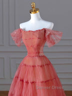 Red Aline Tulle Long Prom Dress, Red Tulle Prom Graduation Dresses With Beading Sequin
