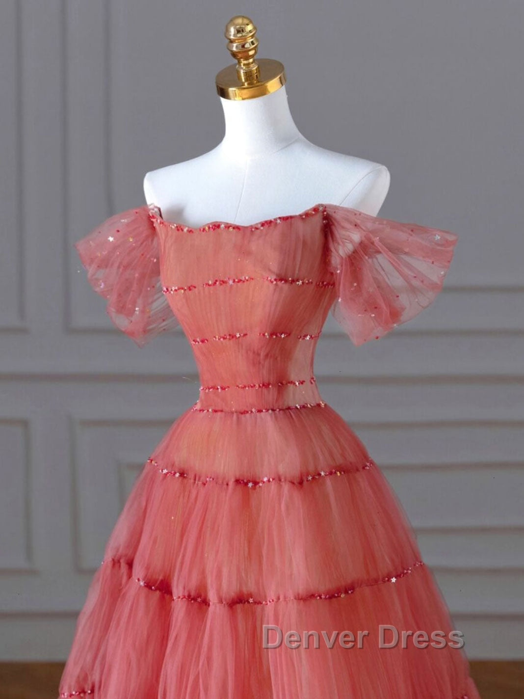 Red Aline Tulle Long Prom Dress, Red Tulle Prom Graduation Dresses With Beading Sequin