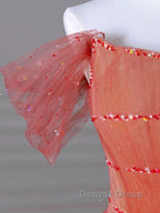 Red Aline Tulle Long Prom Dress, Red Tulle Prom Graduation Dresses With Beading Sequin