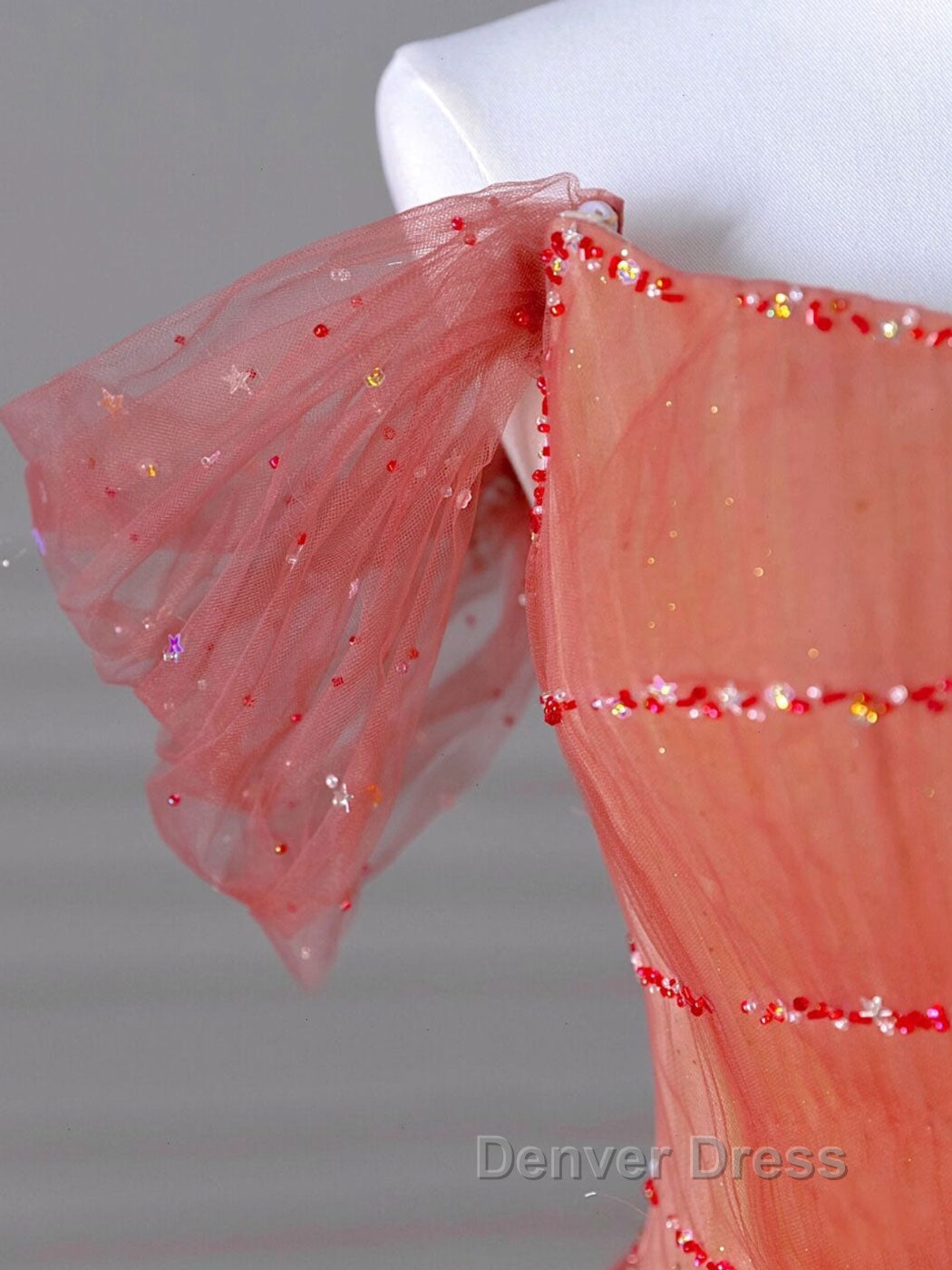 Red Aline Tulle Long Prom Dress, Red Tulle Prom Graduation Dresses With Beading Sequin