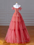 Red Aline Tulle Long Prom Dress, Red Tulle Prom Graduation Dresses With Beading Sequin