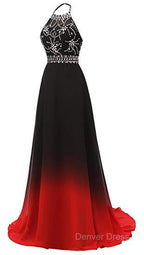 Red And Black Halter Beaded Chiffon Party Dresses, A-Line Gradient Evening Dresses