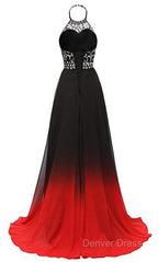 Red And Black Halter Beaded Chiffon Prom Dress, A-Line Gradient Prom Dresses