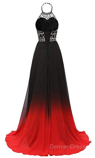 Red And Black Halter Beaded Chiffon Prom Dress, A-Line Gradient Prom Dresses
