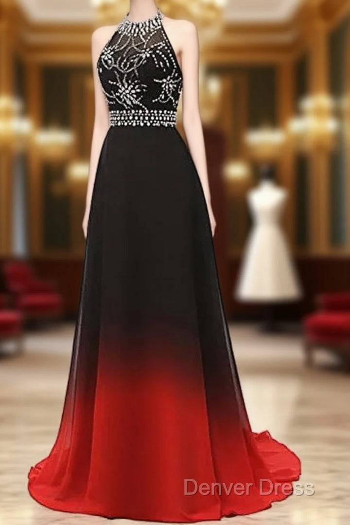 Red And Black Halter Beaded Chiffon Party Dresses, A-Line Gradient Evening Dresses Main image