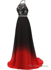 Red And Black Halter Beaded Chiffon Party Dress, A-Line Gradient Evening Dress