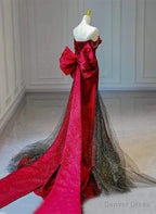 Red and Black Off Shoulder Mermaid Long Prom Dress, Red and Black Prom Dresses