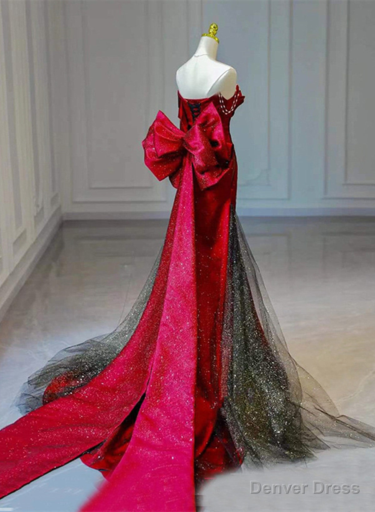 Red and Black Off Shoulder Mermaid Long Prom Dress, Red and Black Prom Dresses