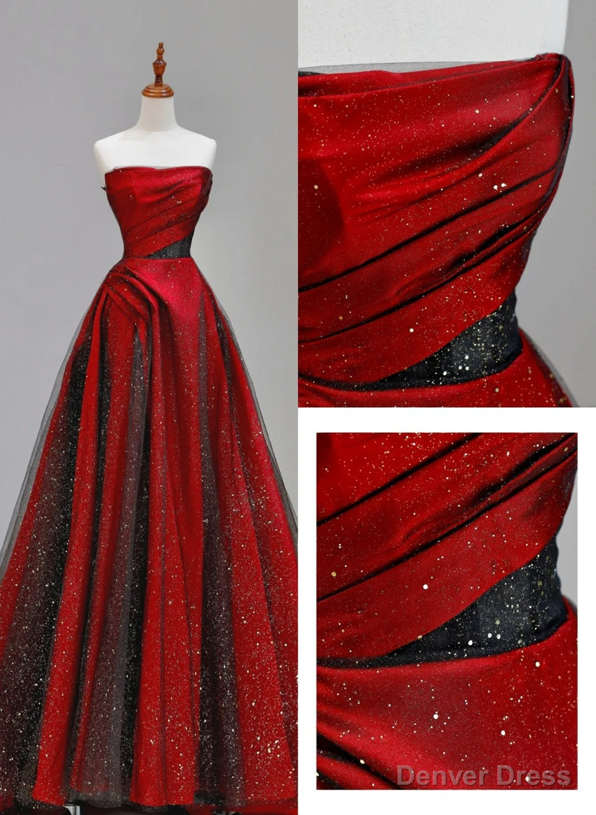 Red and Black Satin with Tulle Chic Long Prom Dress, Red Long Prom Dresses Main image