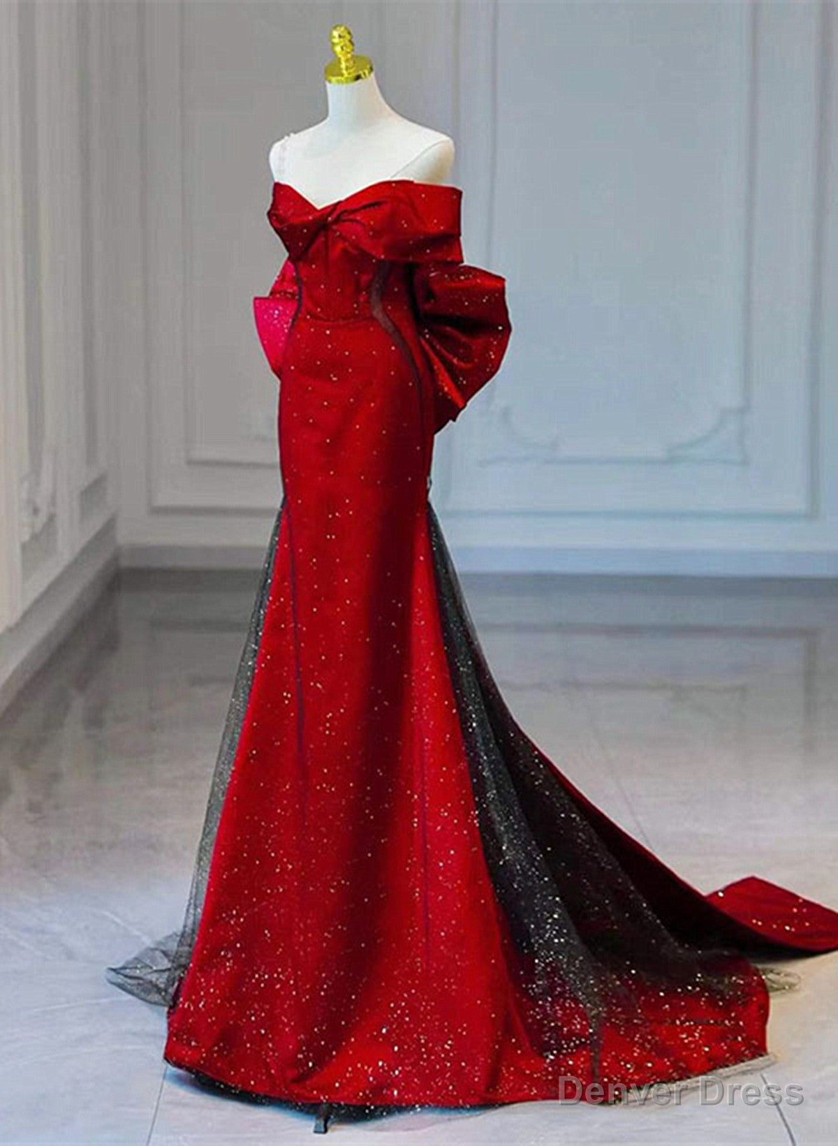 Red and Black Sweetheart Off Shoulder Prom Dress, Long Prom Dresses with Bow Main image