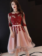 Red And Pink Tulle With Lace Short Sleeves Party Dress, High Low Homecoming Dress