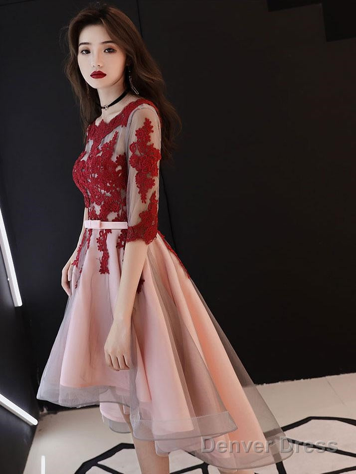 Red And Pink Tulle With Lace Short Sleeves Prom Dress, High Low Homecoming Dresses