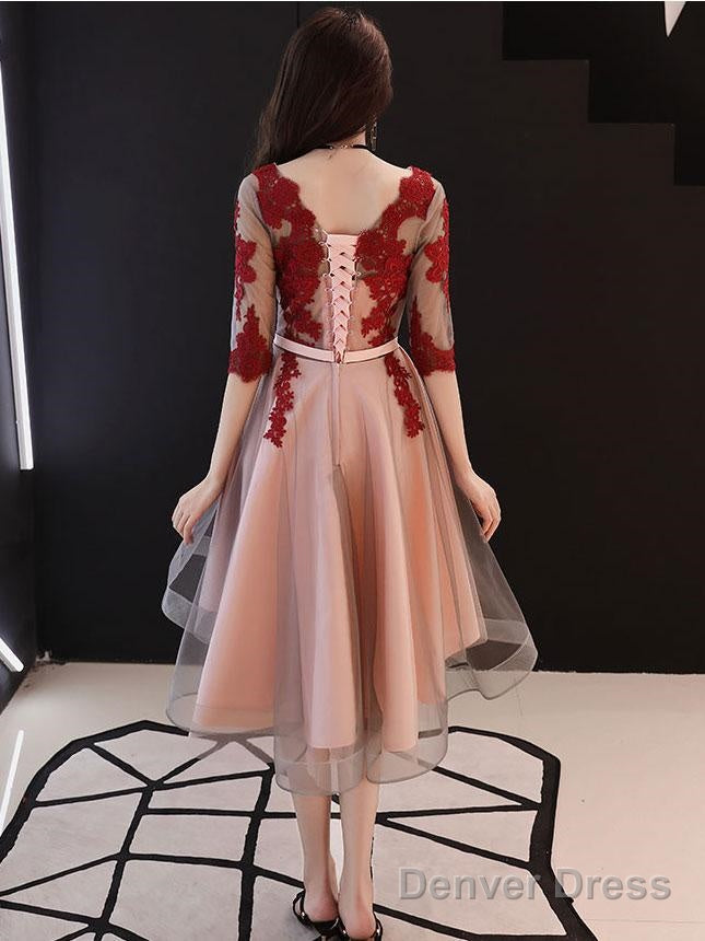 Red And Pink Tulle With Lace Short Sleeves Prom Dress, High Low Homecoming Dresses