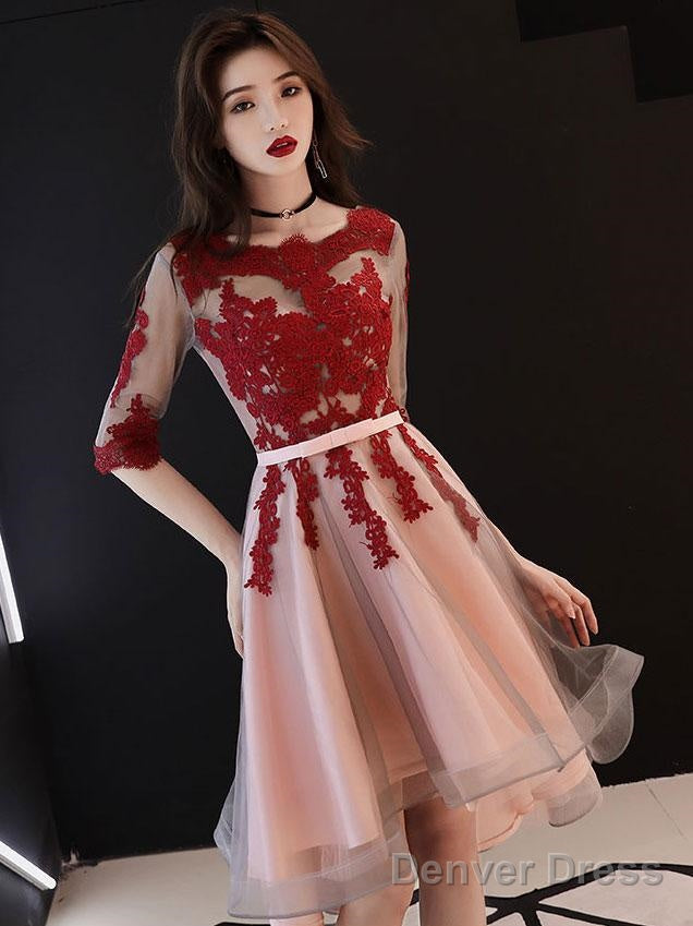 Red And Pink Tulle With Lace Short Sleeves Prom Dress, High Low Homecoming Dresses Main image
