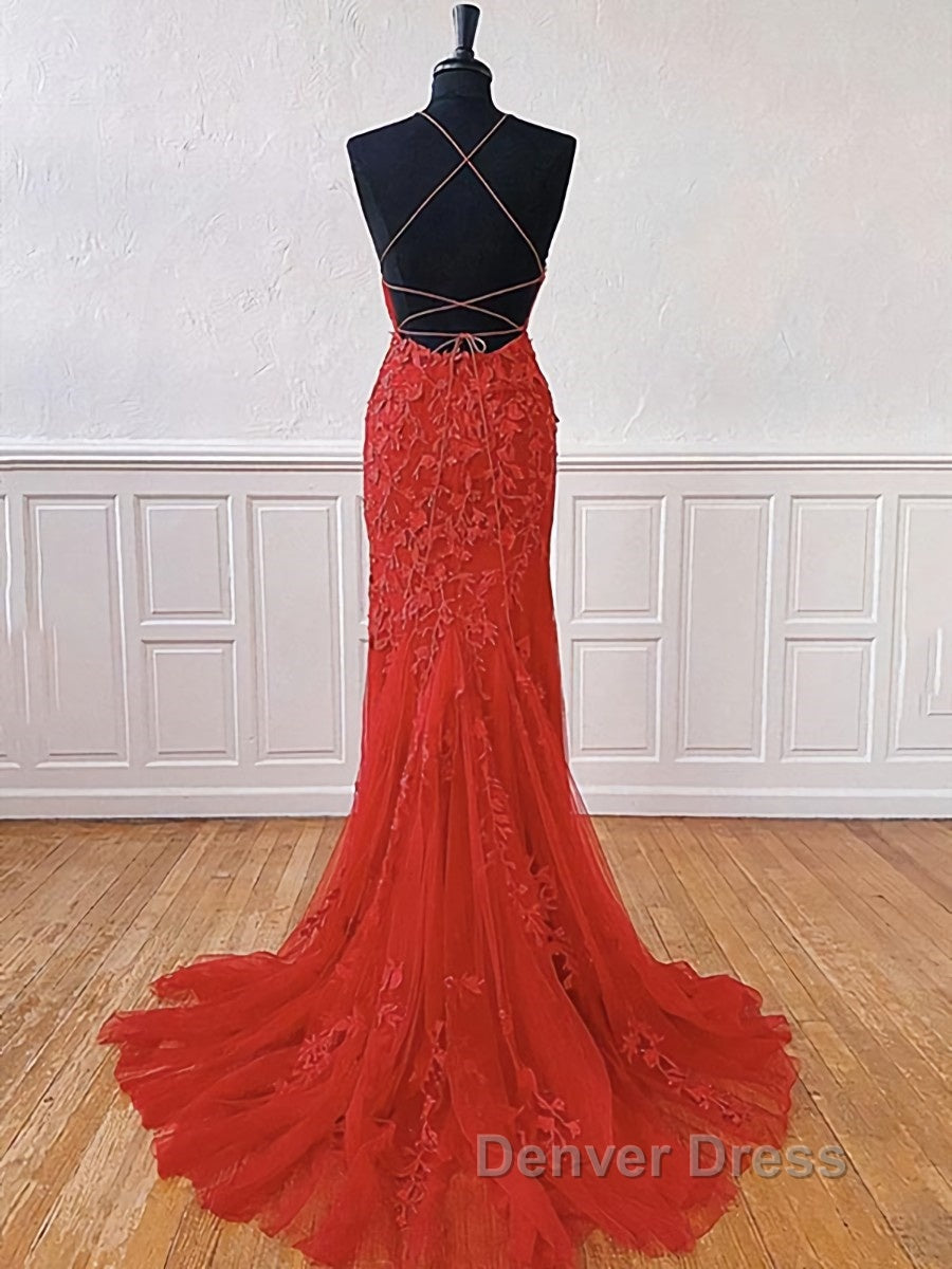 Red Backless Lace Prom Dress, Red Open Back Lace Prom Dresses
