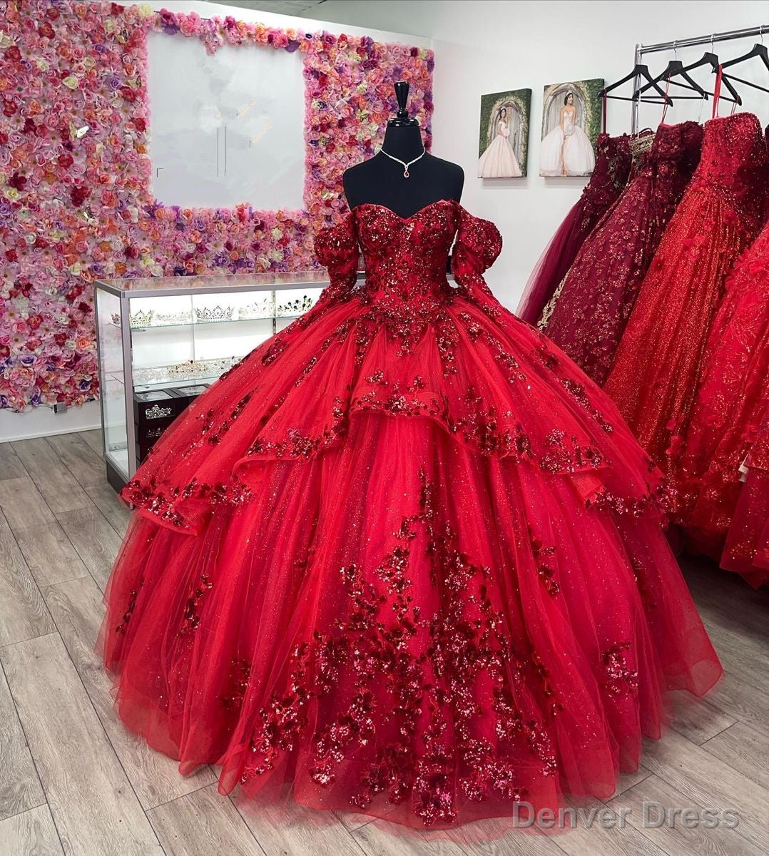 Red Ball Gowns Off The Shoulder Lace Up Back Quinceanera Dresses