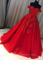Red Ball Gown Off-the-Shoulder Sleeveless Court Train Tulle Prom Dresses With Pleated Appliqued