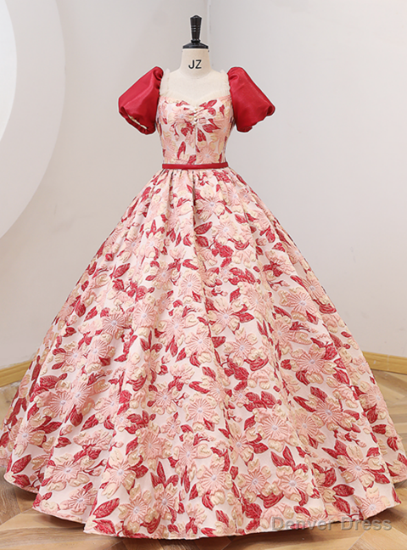 Red Ball Gowns Puff Sleeve Square Quinceanera Dresses Main image