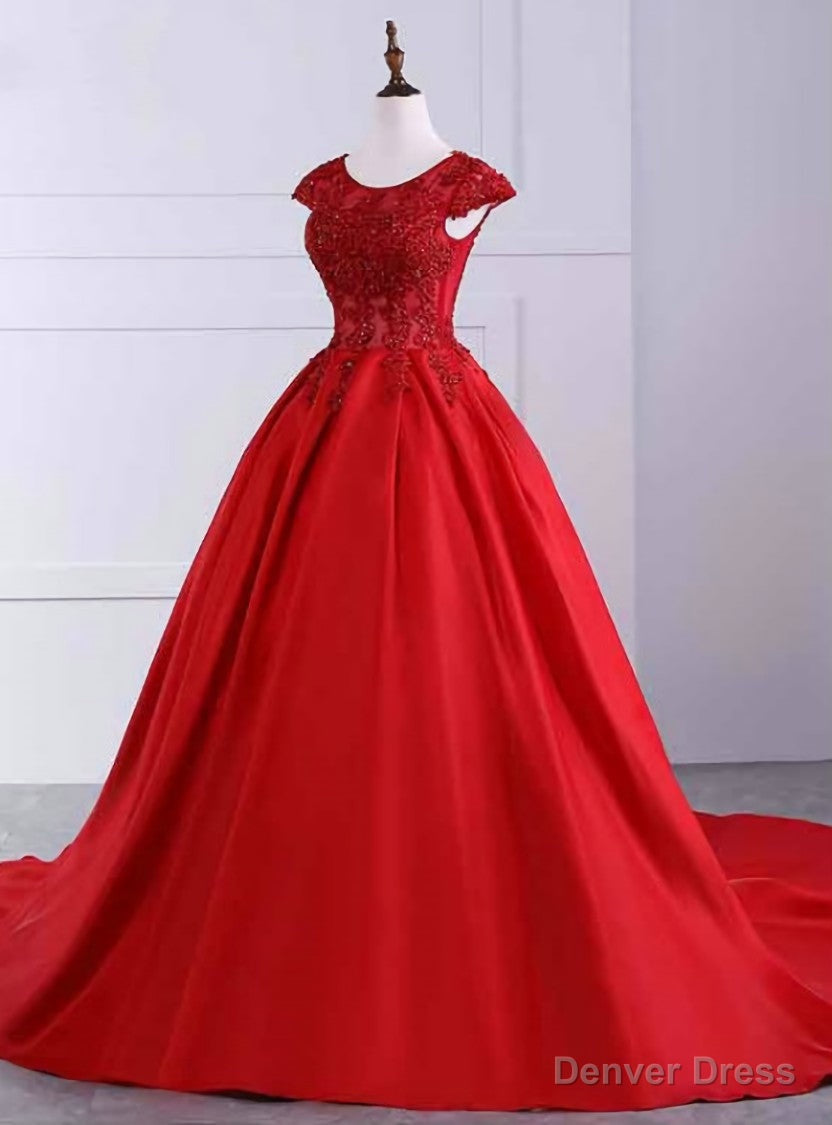 Red Ball Gowns Satin Bright Red Scoop Cap Sleeve Prom Dresses Main image