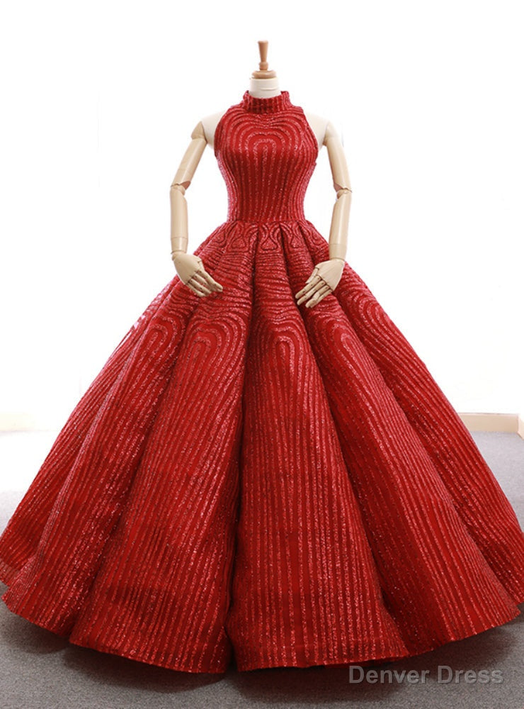Red Ball Gown Sequins High Neck Backless Wedding Dress Main image