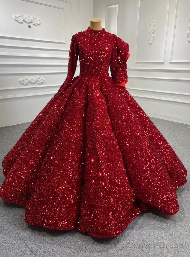 Red Ball Gowns Sequins High Neck Long Sleeve Prom Dresses