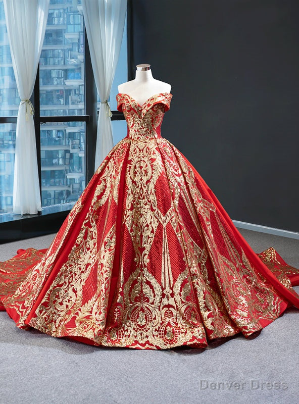 Red Ball Gown Sequins Off the Shoulder Luxury Prom Dress Main image