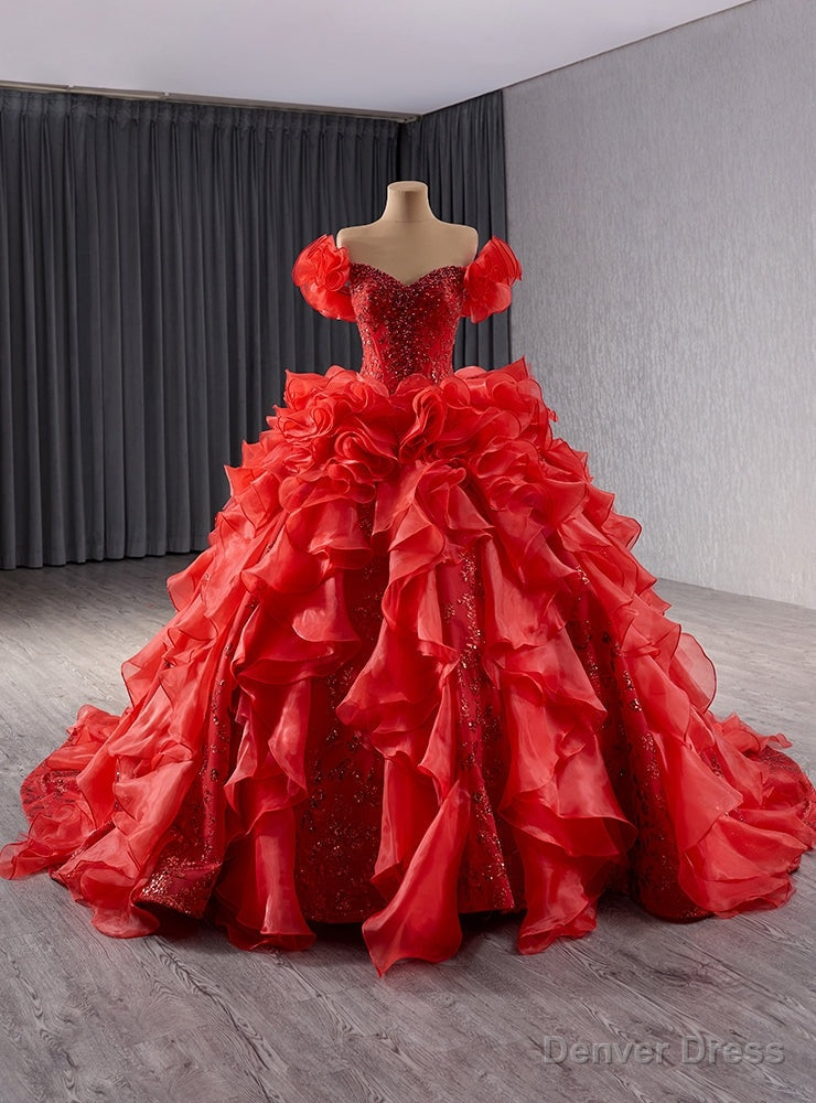 Red Ball Gown Sequins Off the Shoulder Pearls Prom Dress Main image
