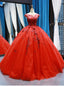 Red Ball Gowns Tulle Appliques Bateau Backless Cap Sleeve Floor Length Prom Dresses