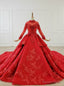 Red Ball Gowns Tulle Appliques High Neck Long Sleeve Beading Wedding Dresses With Long Train