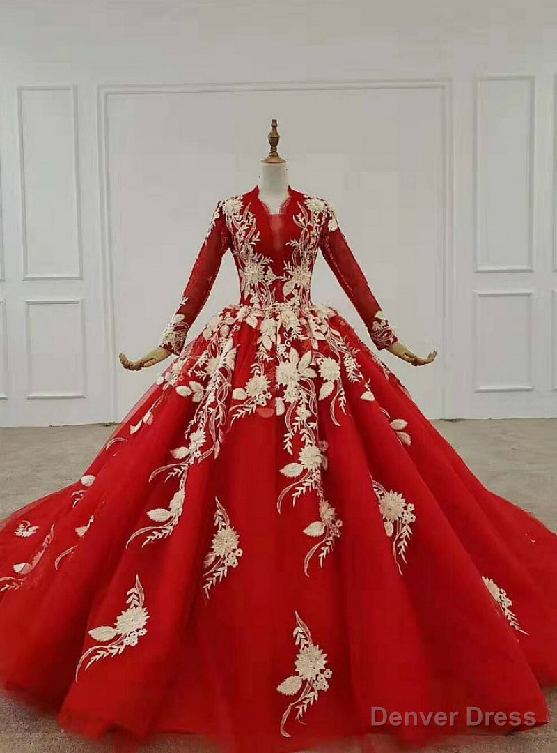 Red Ball Gowns Tulle Appliques Long Sleeve Beading Wedding With Train Main image