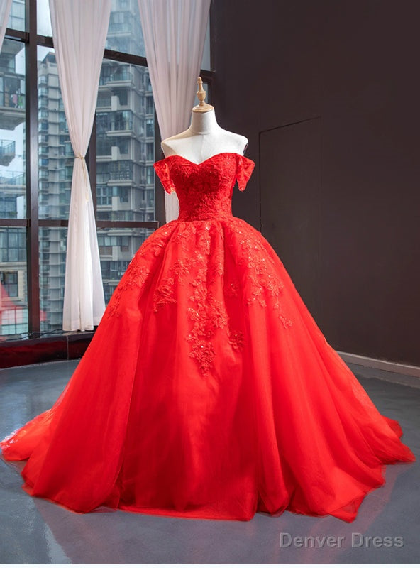 Red Ball Gowns Tulle Appliques Off the Shoulder Beading Prom Dresses Main image